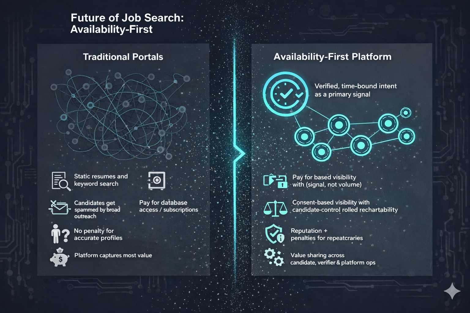 Availability-First hiring platform comparison infographic showing traditional portals vs verified availability system benefits
