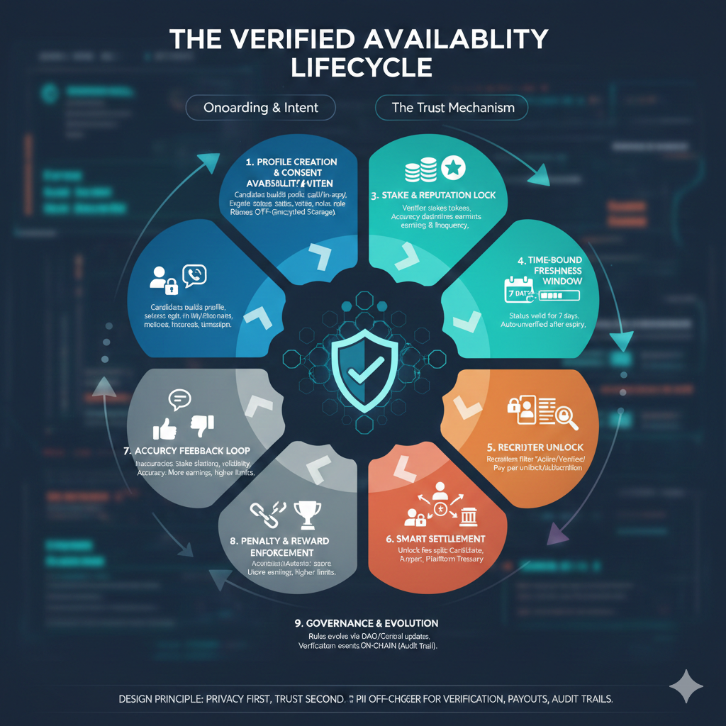 Verified Availability Lifecycle diagram showing candidate verification process from opt-in to expiry